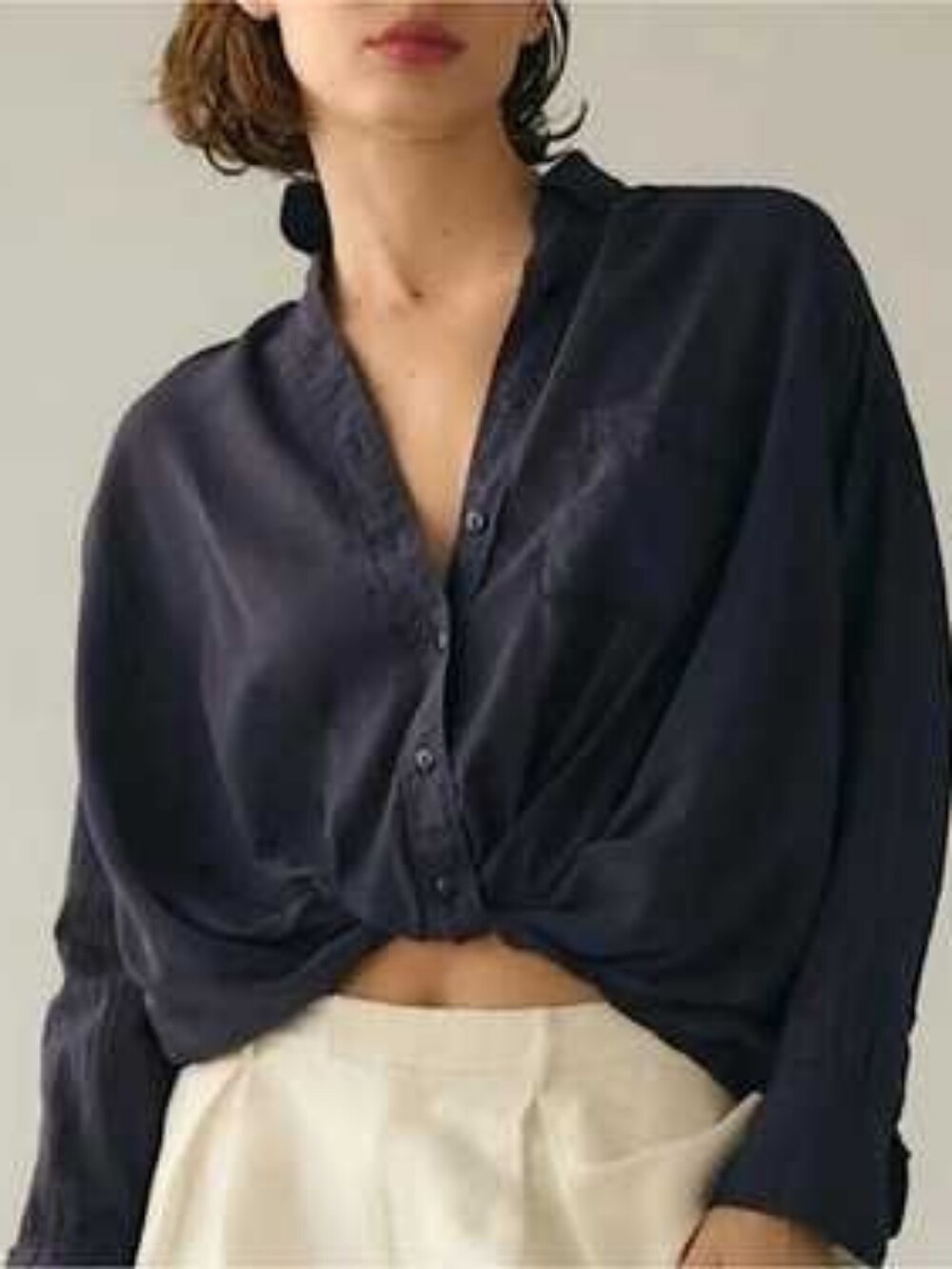 PILCRO Anthropologie Navy Twist Front Button Down Shirt Medium Cotton Modal